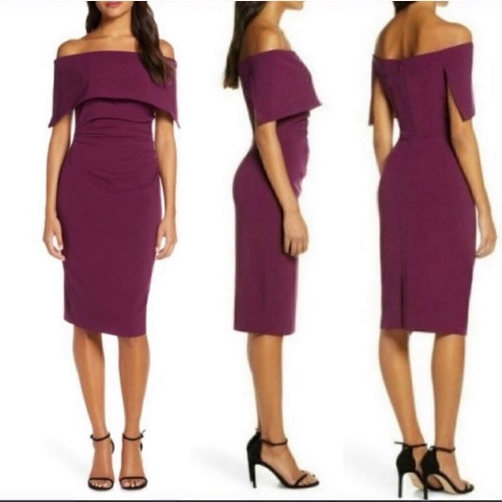 VINCE CAMUTO Off-the-Shoulder Short Sleeve Fold Over Ruched Waist Sheath Dress